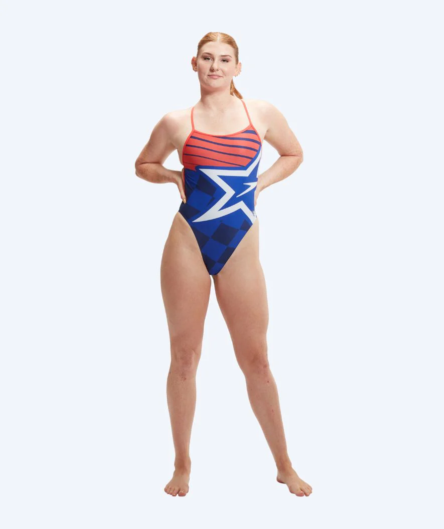 Speedo Badeanzug für Damen - Placement Digital V-Back - Donkerblau/Rot - Image 3