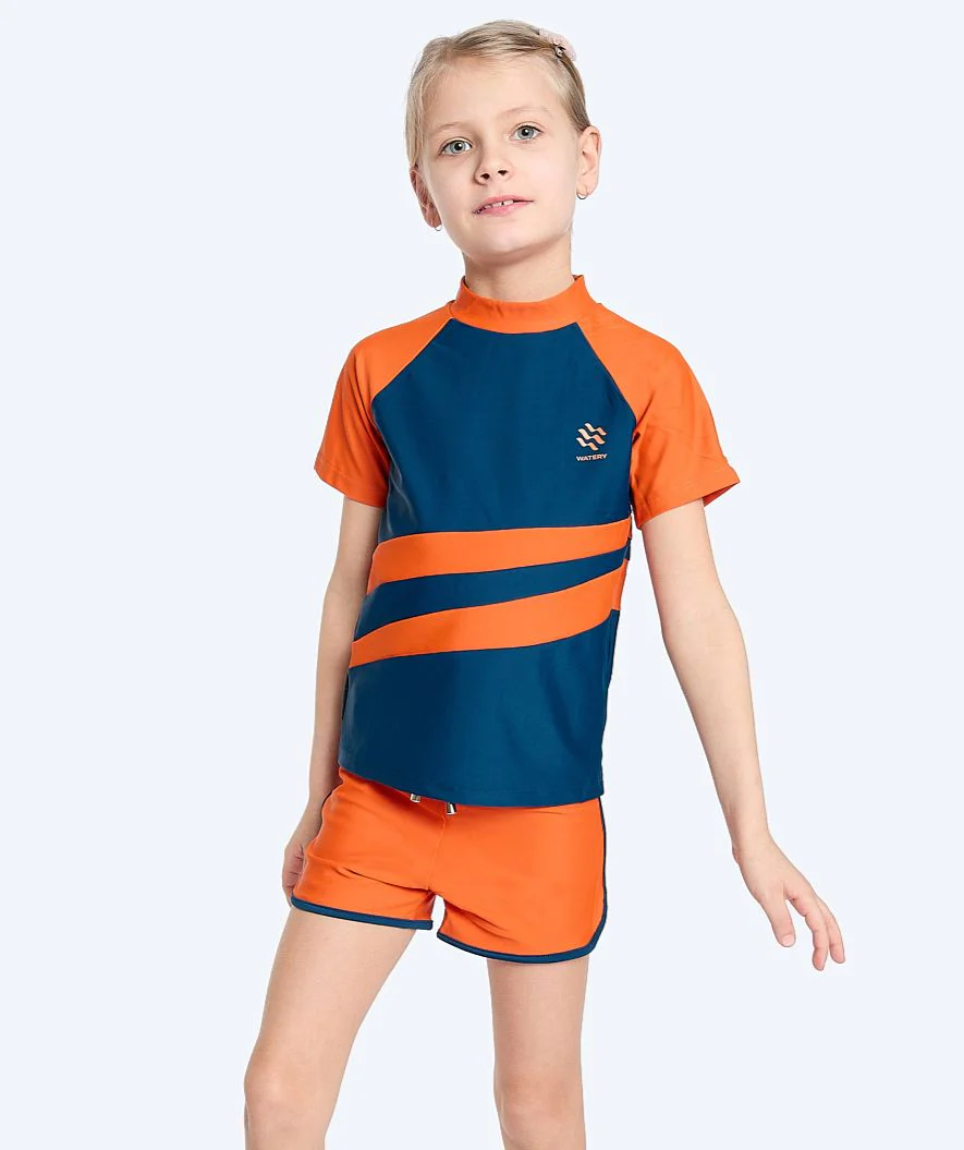 Watery UV Shirt für Kinder - Manami Kurzarm Rashguard - Orange/Blau